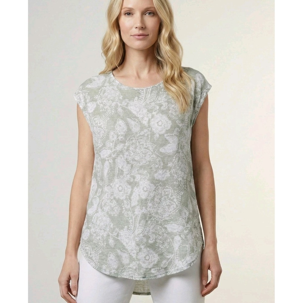 Rachel Zoe 100% Linen Top Womens Medium Green Floral‎ Paisley Sleeveless Tank